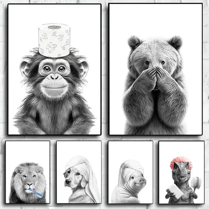 Set of six black-and-white framed funny animal bathroom posters featuring whimsical wall art for bathroom decor