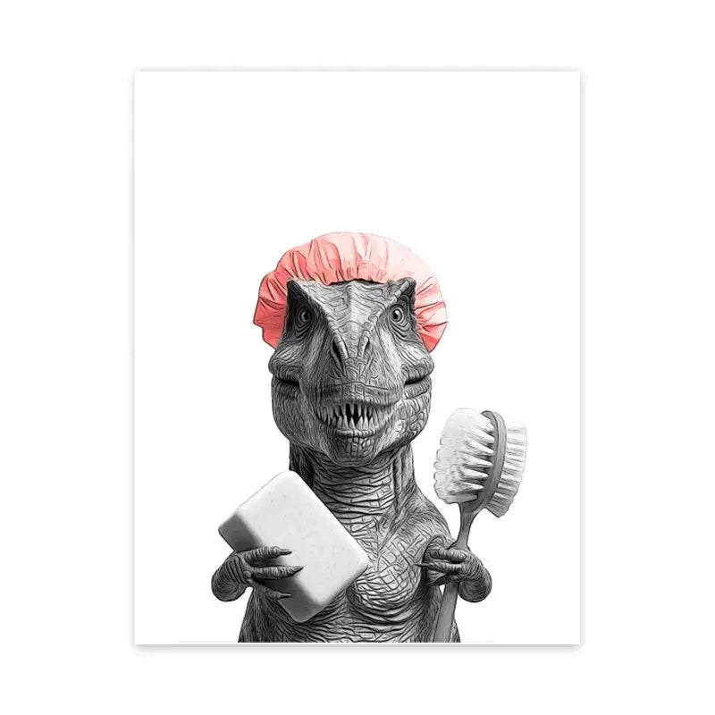 Decorbites™ funny animal bathroom poster featuring a whimsical black and white t-rex with pink shower cap wall art canvas