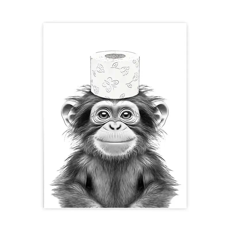 Black-and-white illustrated wall art canvas print of a baby chimpanzee balancing floral toilet paper on its head by decorbites