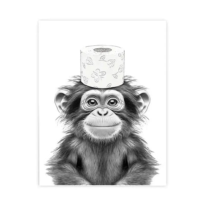 Black-and-white illustrated wall art canvas print of a baby chimpanzee balancing floral toilet paper on its head by decorbites