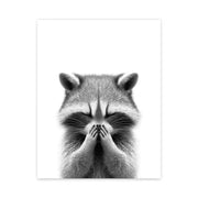 Black-and-white wall art canvas print of a raccoon covering its face from decorbites™ funny animal bathroom series
