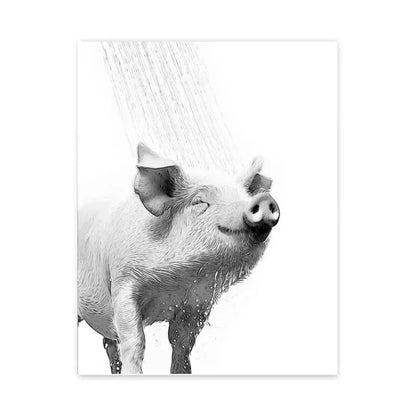 Decorbites™ funny animal bathroom wall art canvas print black and white pig illustration with toilet paper element