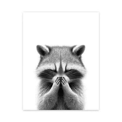 Black-and-white photographic wall art canvas print of raccoon covering face for bathroom decor with a giraffe dog theme