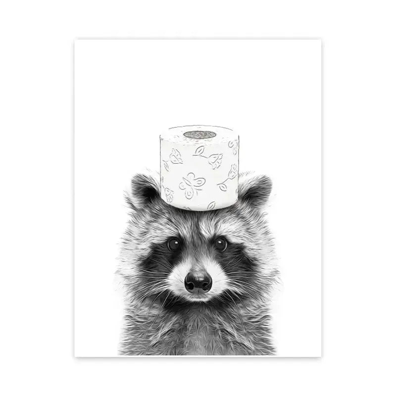 Black-and-white illustrated raccoon with toilet paper roll on head wall art canvas print by decorbites™