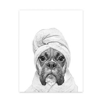 Black-and-white illustrated wall art canvas print featuring a boxer dog wrapped in a towel for bathroom decor
