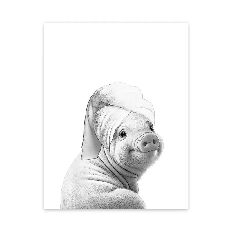 Decorbites™ funny animal bathroom wall art canvas print featuring a black-and-white pig illustration with towel head