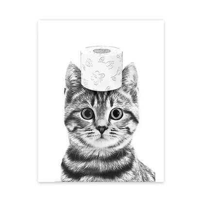 Decorbites™ black-and-white wall art canvas print of a tabby kitten with a roll of toilet paper on its head