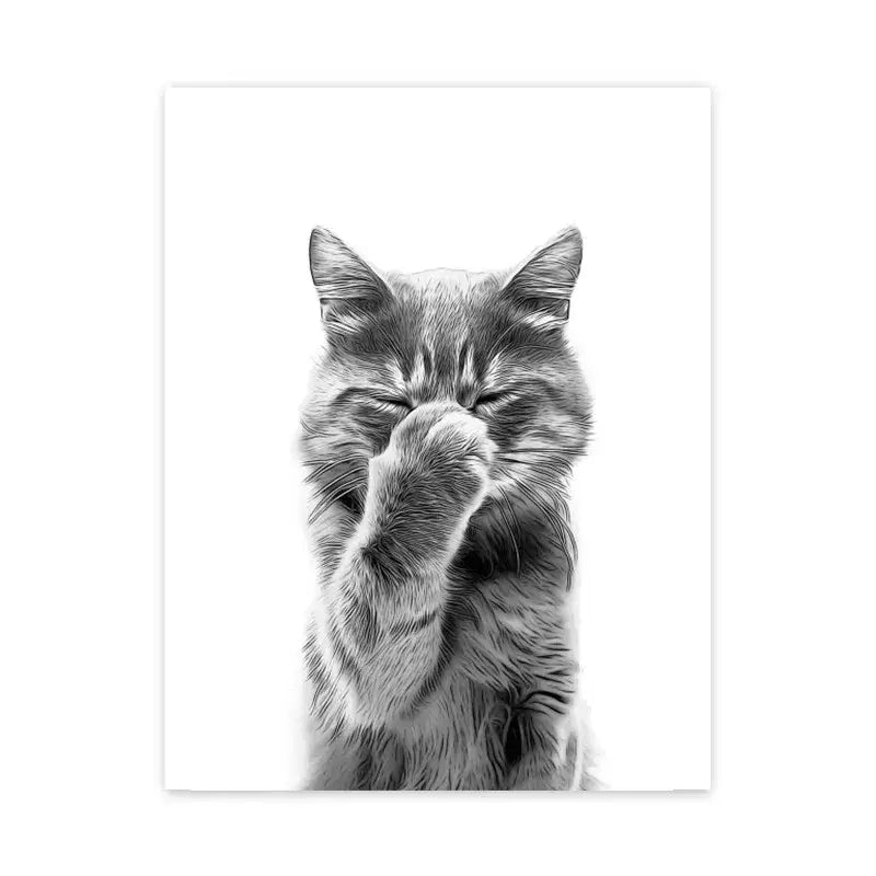 Black-and-white illustrated wall art canvas print of a fluffy tabby cat covering one eye by DecorBites™ for bathroom decor