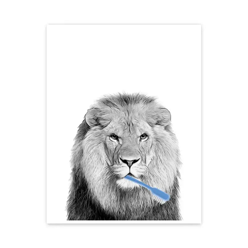 Decorbites™ black-and-white lion wall art canvas print with blue toothbrush highlights perfect for bathroom decor