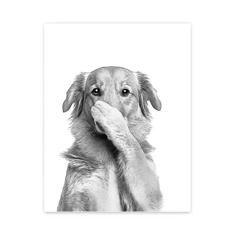 Black and white illustrated wall art canvas print of a dog with floppy ears covering its mouth for bathroom decor
