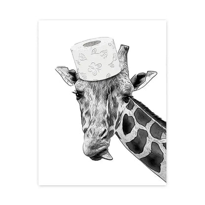DecorBites™ black and white wall art canvas print of a giraffe wearing a floral toilet paper roll hat for bathroom decor