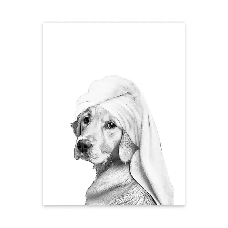 Decorbites funny animal bathroom wall art canvas print featuring a detailed black and white pencil sketch of a golden retriever puppy wrapped in a towel with toilet paper background
