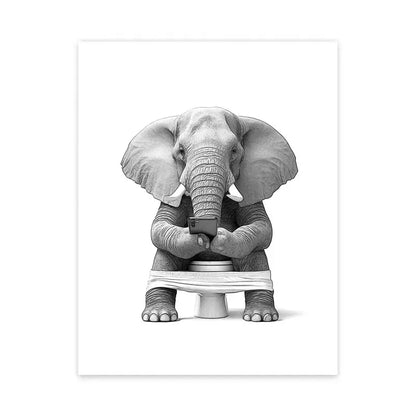 Decorbites™ funny animal bathroom wall art canvas print featuring a detailed black and white elephant on a toilet with smartphone
