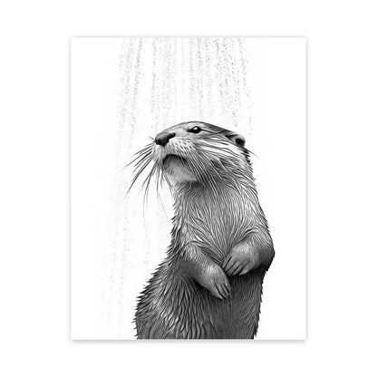 Decorbites™ funny animal bathroom wall art canvas print featuring a detailed black and white otter shower illustration