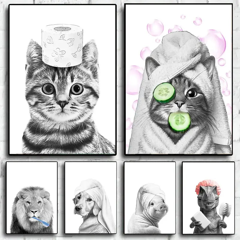 Set of six black-and-white DecorBites™ funny animal bathroom wall art prints featuring dogs, toilet paper, and more
