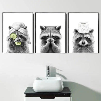 Set of three black-and-white framed raccoon wall art prints for bathroom decor featuring decorbites™ funny animal canvas print