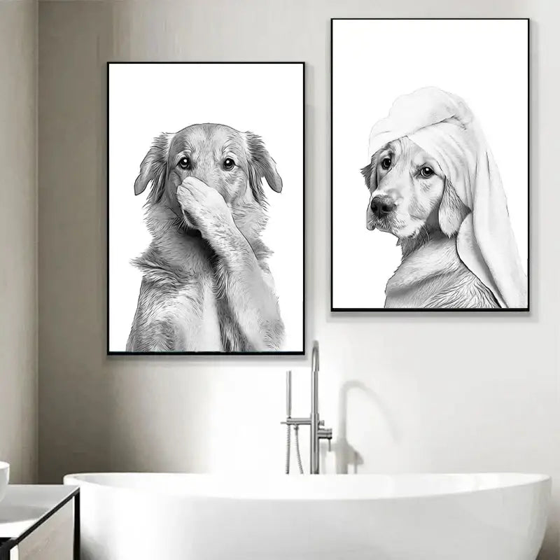 Two black and white dog portraits wall art from decorbites above a bathtub featuring funny giraffe dog and toilet paper design