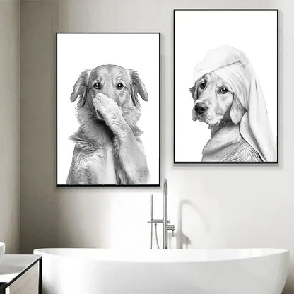 Two black and white dog portraits wall art from decorbites above a bathtub featuring funny giraffe dog and toilet paper design