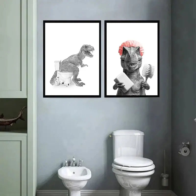 DecorBites™ wall art featuring two black-and-white dinosaur illustrations in bathroom scenes with toilet paper