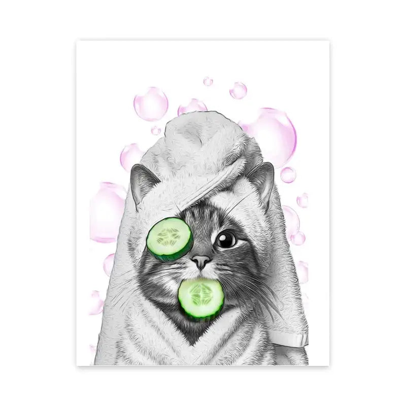 A charming black-and-white illustrated funny animal bathroom cat poster with a towel and cucumber slices on eyes
