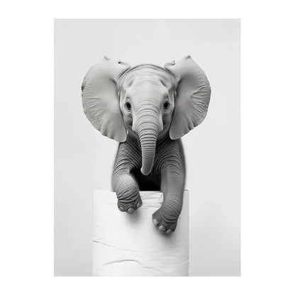 Black-and-white baby elephant print wall art from DecorBites™ featuring funny animals for bathroom home decor