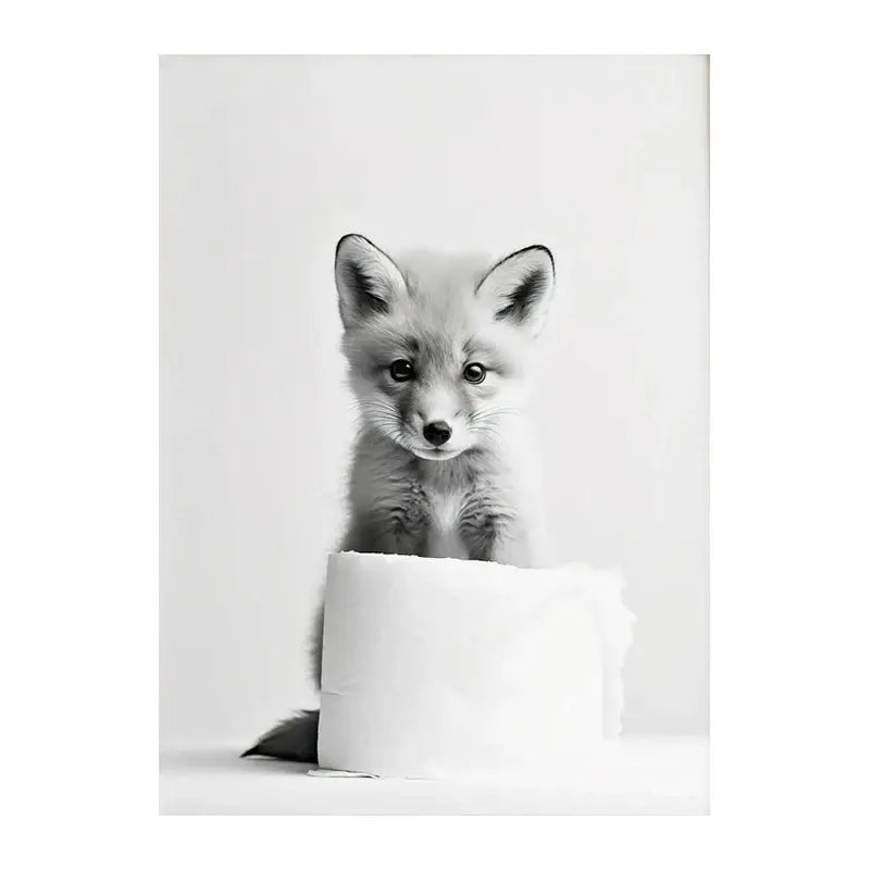 Black and white canvas wall art of a young fox peeking over toilet paper for bathroom home funny animals decor