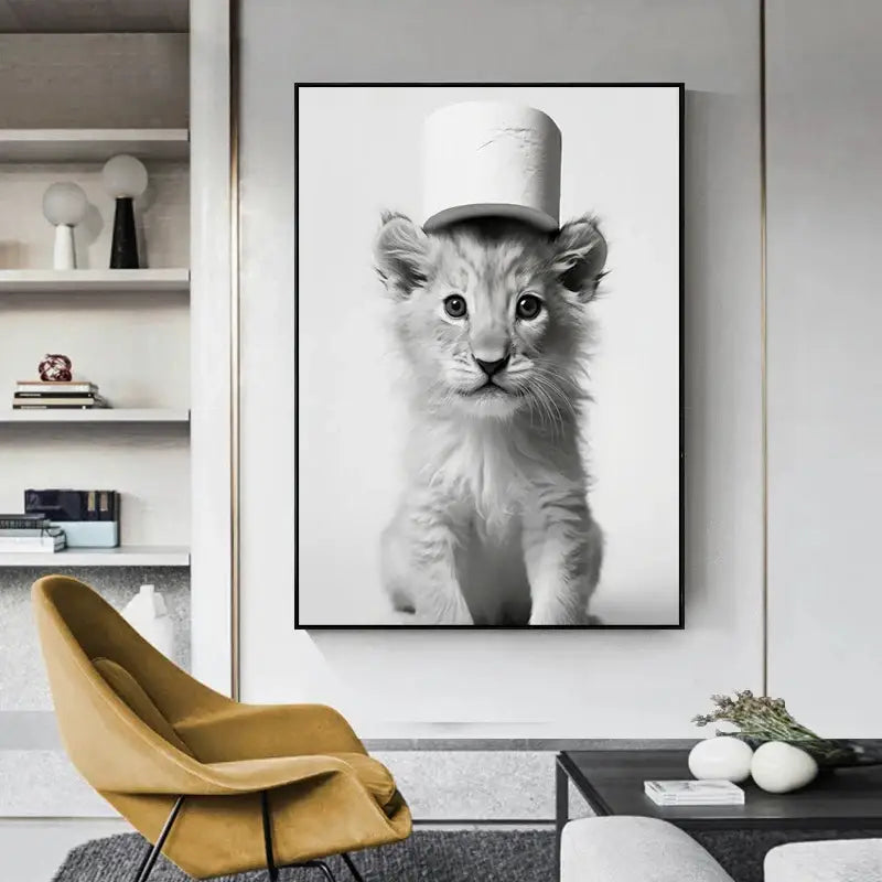 Black-framed black and white canvas wall art of a lion cub wearing a toilet paper roll hat for bathroom home decorbites funny animals