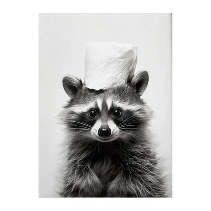 Black-and-white funny animals wall art canvas featuring a raccoon with toilet paper for bathroom home decor