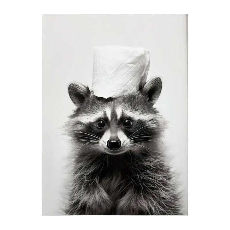 Black-and-white funny animals wall art canvas featuring a raccoon with toilet paper for bathroom home decor