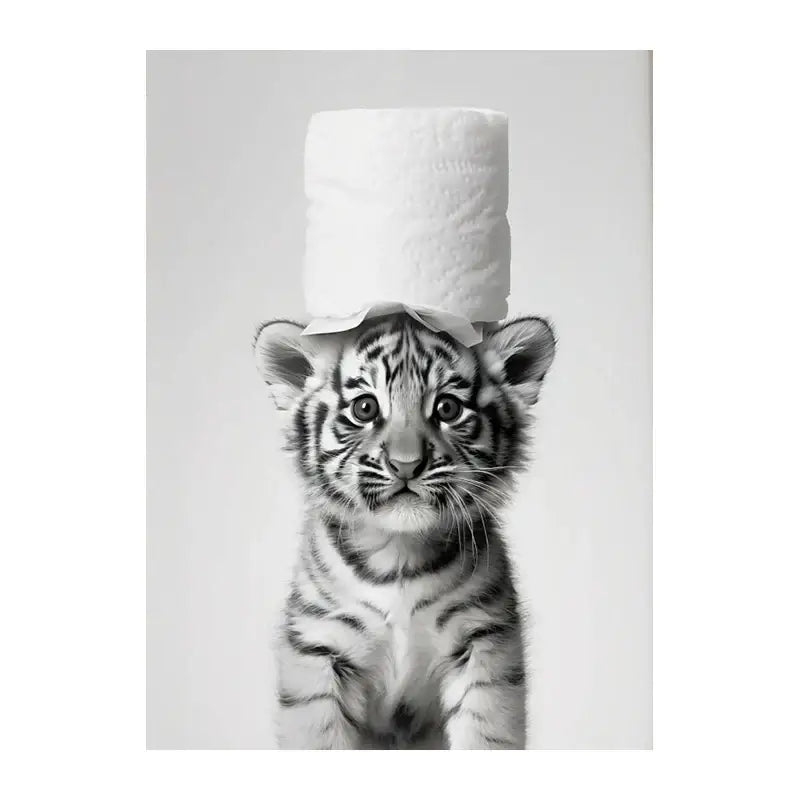 Black-and-white wall art of a white tiger cub balancing toilet paper for funny animals bathroom home decor
