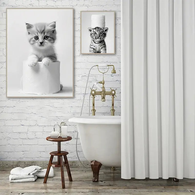 White vinyl shower curtain with vertical pleats paired with decorbites funny animals wall art for bathroom home decor