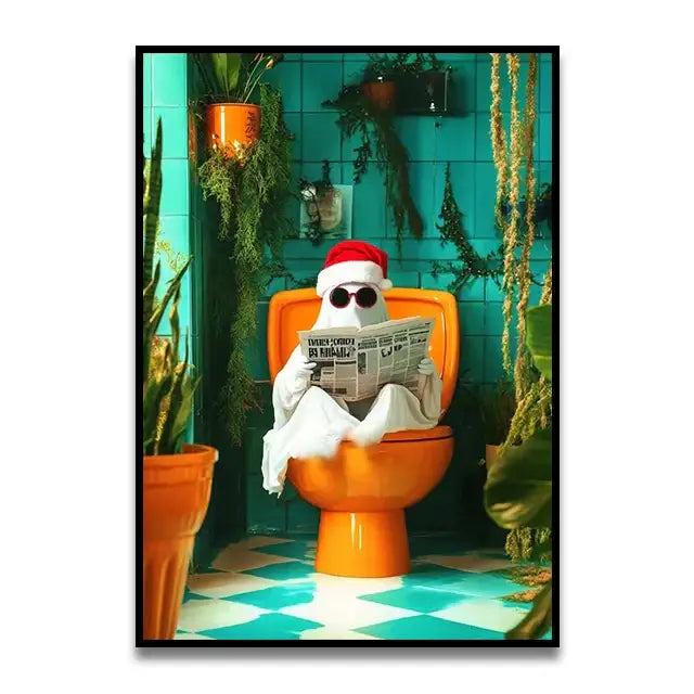 Decorbites™ funny bathroom cat canvas wall art featuring an orange toilet with a ghost in santa hat reading a newspaper
