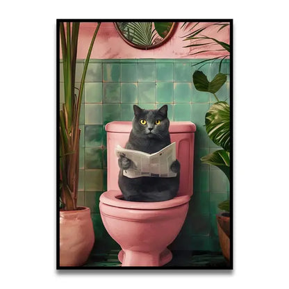 Whimsical decorbites gray cat with yellow eyes on pink toilet reading newspaper canvas wall art for bathroom decor