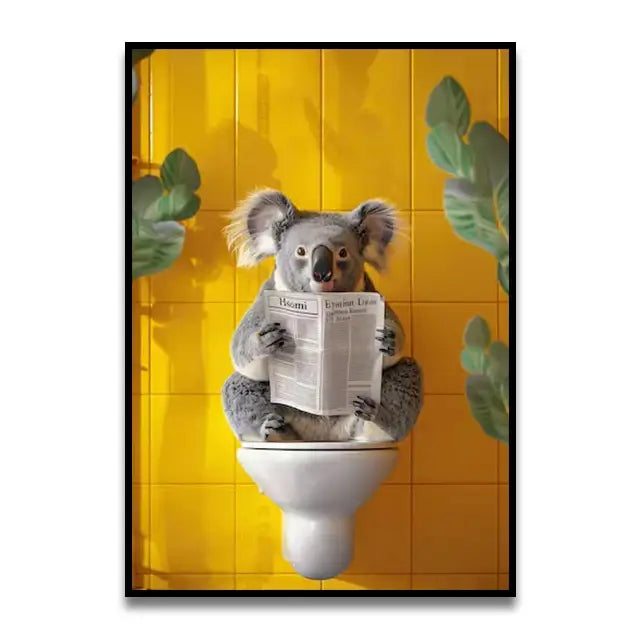 Decorbites™ funny cat bathroom canvas wall art featuring a gray koala on a toilet against yellow tiled wall