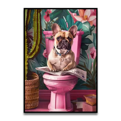 A charming french bulldog with a tan and black coat on a pink toilet in decorbites™ funny cat bathroom canvas wall art