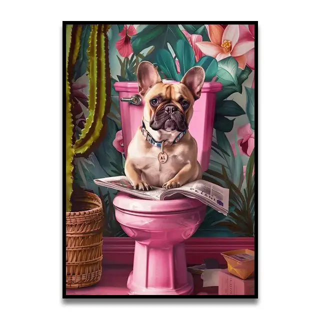 A charming french bulldog with a tan and black coat on a pink toilet in decorbites™ funny cat bathroom canvas wall art