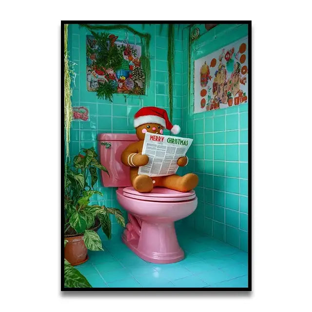 Decorbites™ funny cat bathroom canvas wall art features a gingerbread man with santa hat on pink toilet holding merry christmas newspaper