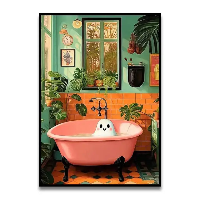 Decorbites funny cat bathroom canvas wall art featuring pink clawfoot bathtub with black legs and smiling ghost figurine