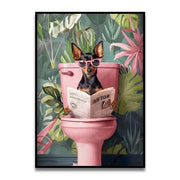 Decorbites™ funny cat bathroom canvas wall art features pink toilet with dog in pink sunglasses reading newspaper