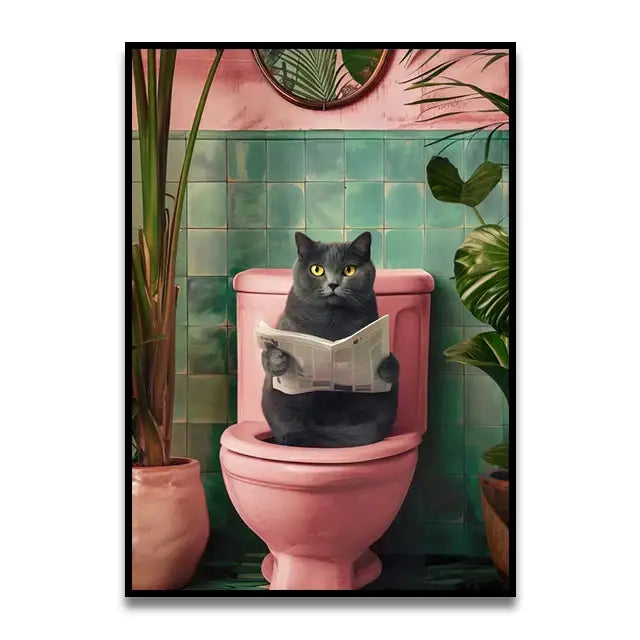 Whimsical canvas wall art featuring a gray cat with yellow eyes reading a newspaper on a pink toilet by decorbites™