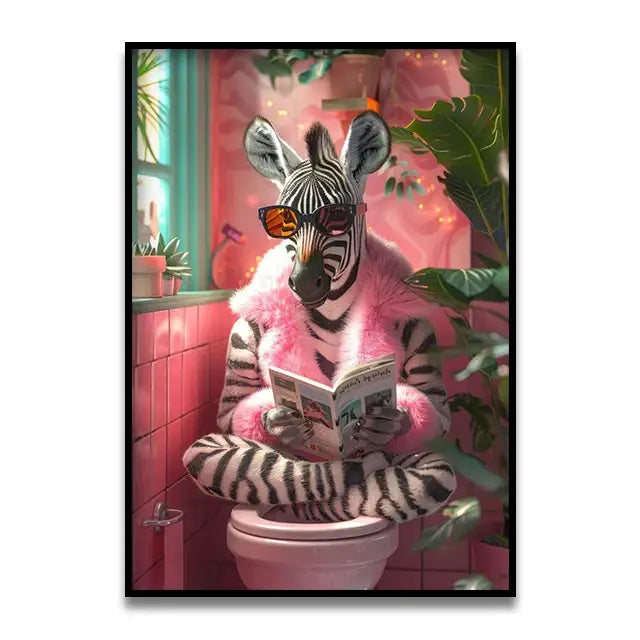 DecorBites™ funny cat bathroom canvas wall art of a zebra in pink fur coat and sunglasses in a vibrant pink bathroom