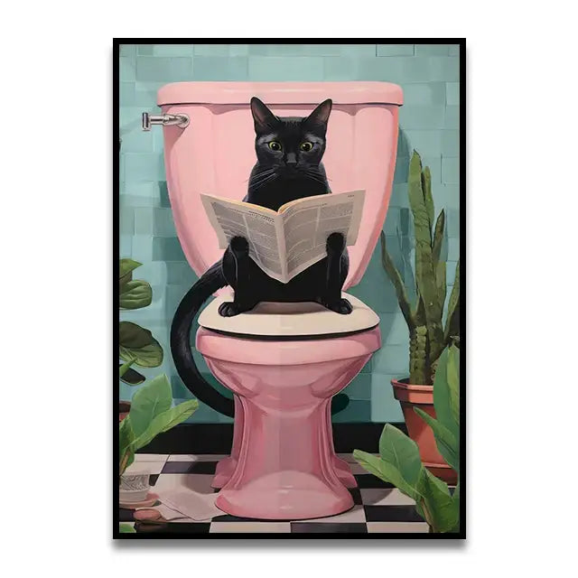 Decorbites™ funny cat bathroom wall art featuring a black cat reading newspaper on pink toilet for bathroom cat reading decor