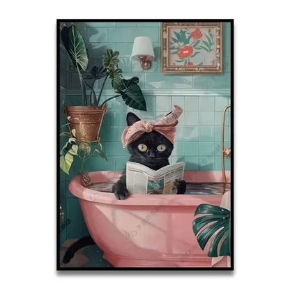 DecorBites™ funny cat bathroom wall art featuring a black cat with pink bow reading newspaper in pink bathtub