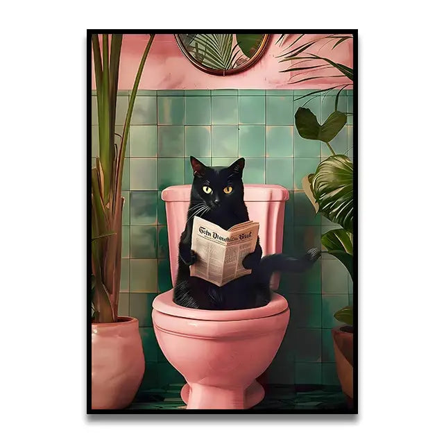 Decorbites™ funny cat bathroom wall art canvas featuring a black cat on pink toilet with teal tiles and lush plants