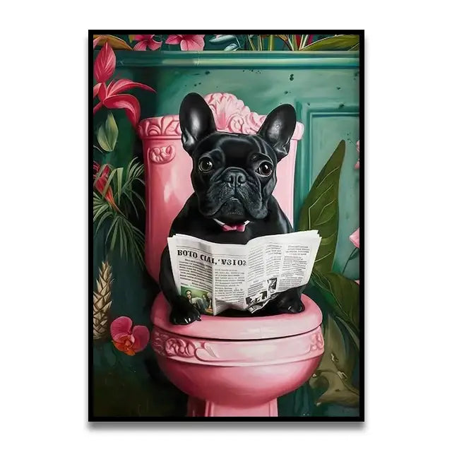 Decorbites™ funny cat bathroom wall art print featuring a black french bulldog with a pink bowtie on a pink toilet