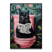 Decorbites™ funny cat bathroom wall art print featuring a black cat with golden eyes holding a newspaper on a pink toilet