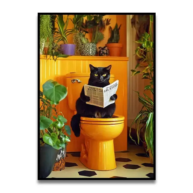 A black cat with green eyes sitting on an orange toilet holding a newspaper in decorbites™ funny cat wall art print