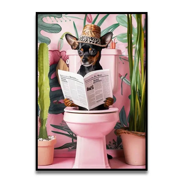 Decorbites™ funny cat bathroom wall art print featuring a black and tan chihuahua with a straw hat reading a newspaper