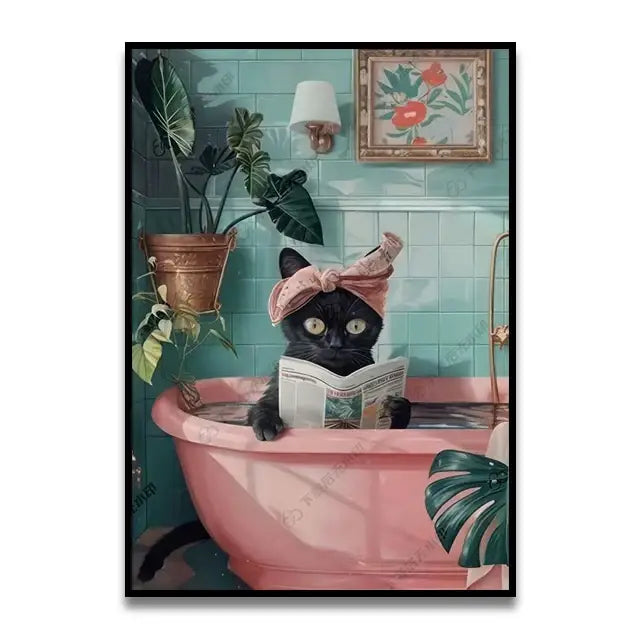 DecorBites™ funny cat bathroom wall art print featuring a black cat with pink bow in a pink tub holding a newspaper