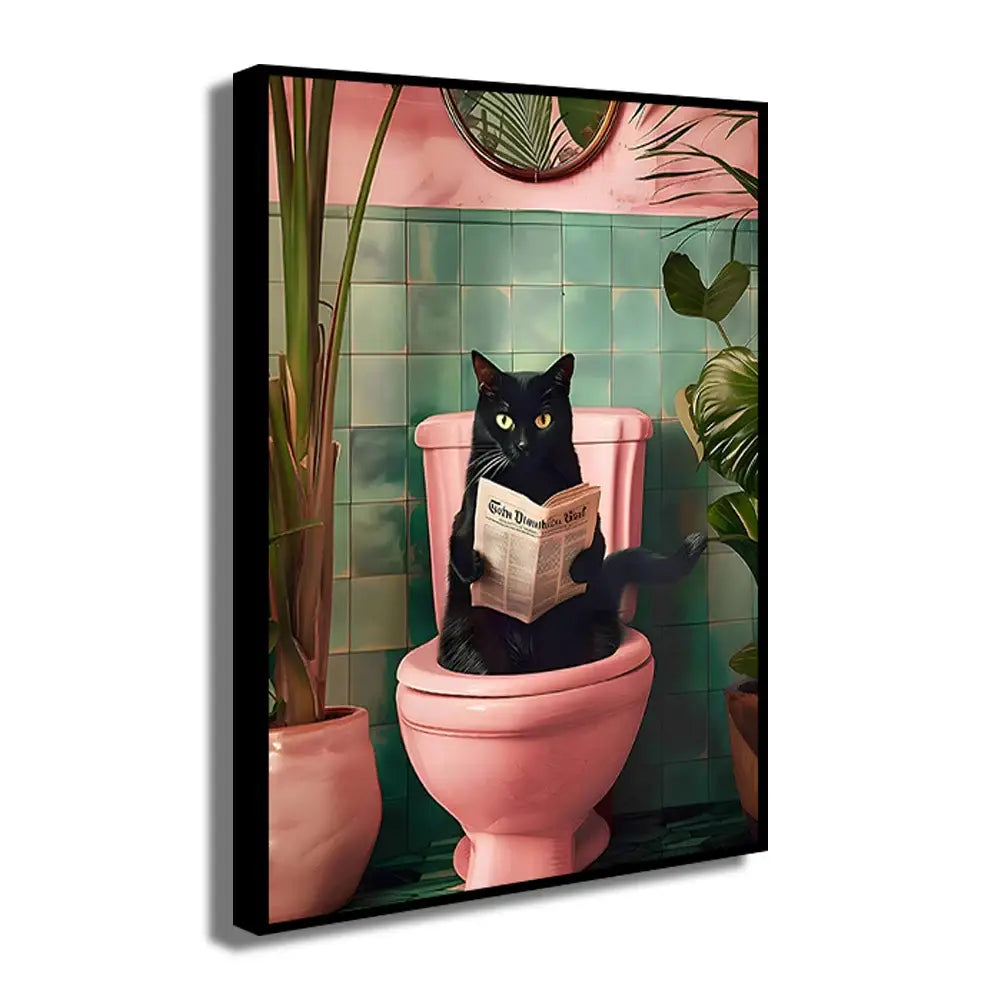 Decorbites™ wall art print of a black cat with yellow eyes reading a newspaper on a pink toilet in a bathroom scene